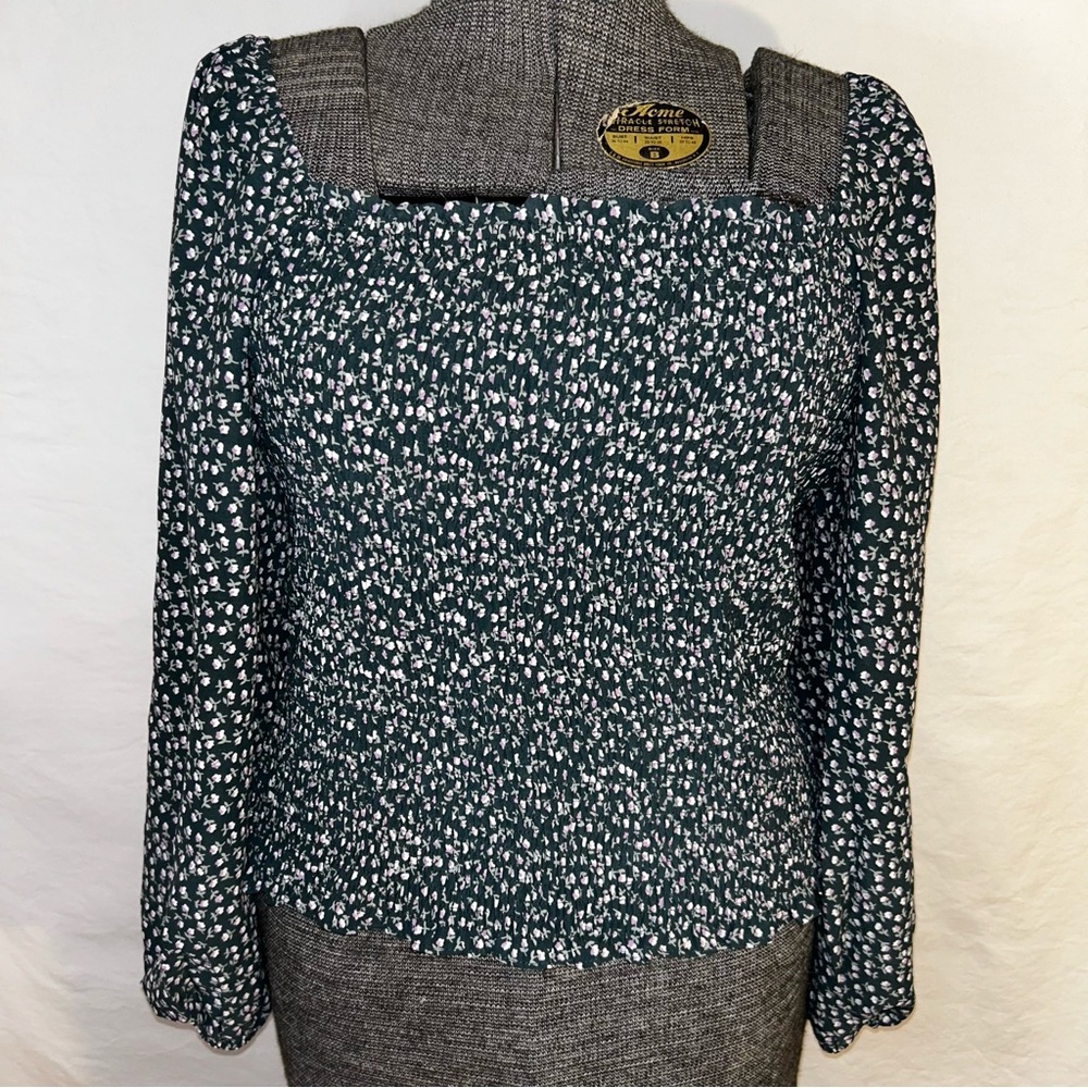 Green Floral Smocked Peasant Blouse - Size XL - Square Neck Long Sleeves